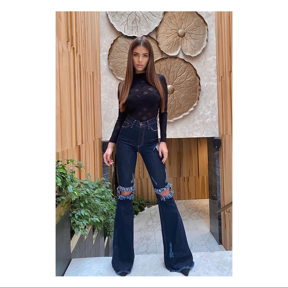 Fashion Nova Dazed for Days High Rise Super Flare Distressed Denim Jeans Size 13
